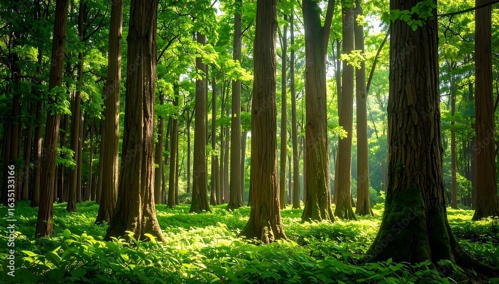 Obraz premium Sunlight filtering through lush forest canopy