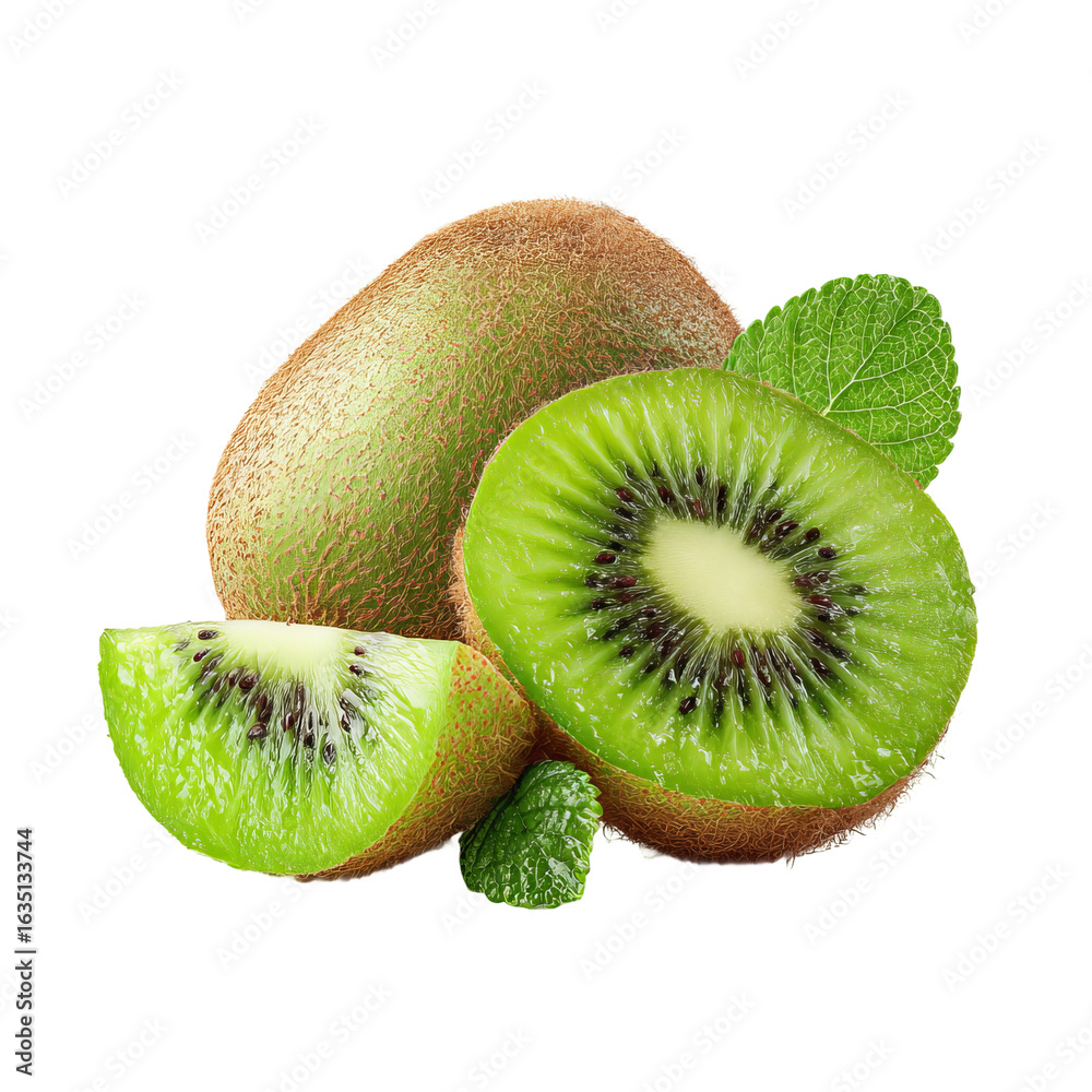 Fototapeta premium Kiwi Freshness: Close-up shot reveals the vibrant kiwi fruit, showcasing its juicy green flesh, refreshing slices, and fresh leaves, all embodying the essence of healthy eating.