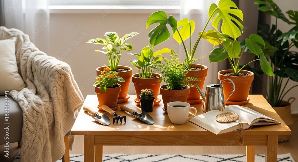 Fototapeta premium Indoor garden scene featuring various potted plants on a wooden table, alongside gardening tools, a book, and a cup of coffee.