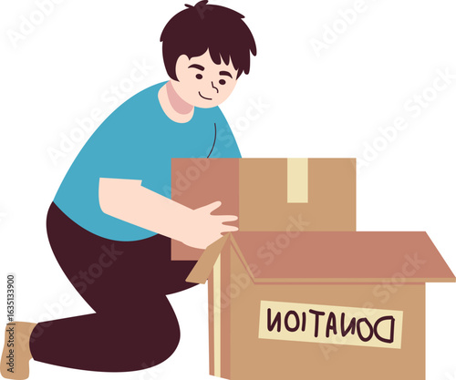 A kind young man kneels on the floor, carefully packing cardboard boxes for a charitable donation.