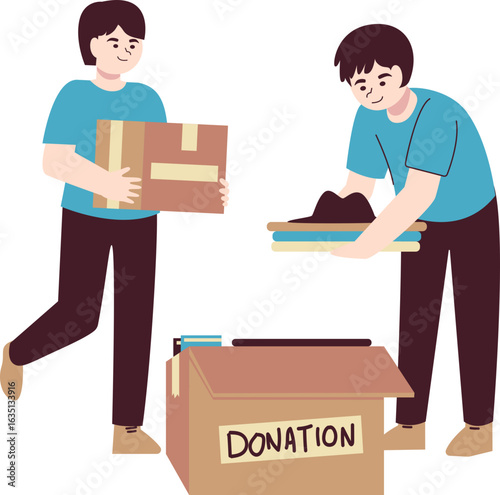 Two young men are shown sorting and packing items into a donation box, contributing to a charitable cause.