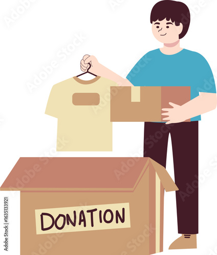 An illustration of a young man placing a light-colored t-shirt into a brown cardboard box labeled "DONATION", demonstrating charitable giving.