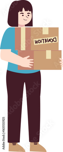 Smiling woman holding donation boxes, ready to give assistance to others.