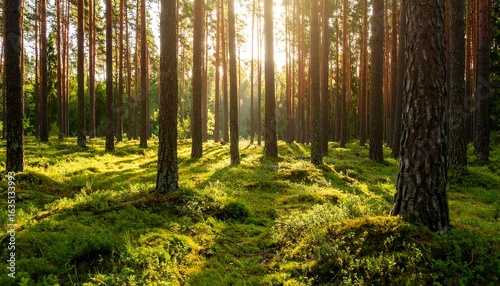 Sunlight filtering through pine trees