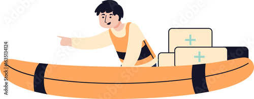 Man in a raft points forward, carrying medical supplies in boxes with plus signs.