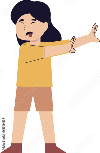An illustration of a young person with a distressed expression, eyes squinted, and mouth open, extending both hands forward in a clear gesture of refusal or discomfort.