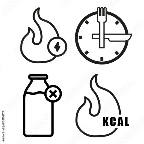 Calorie energy burn. Food time schedule. Forbidden milk product. Vector diet icons.