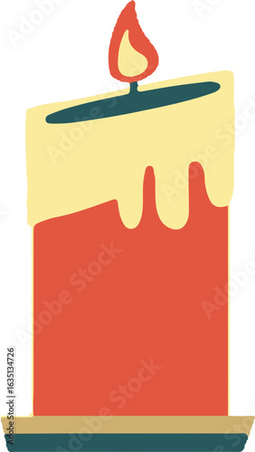 A stylized illustration of a burning candle with melted wax and a flickering flame.