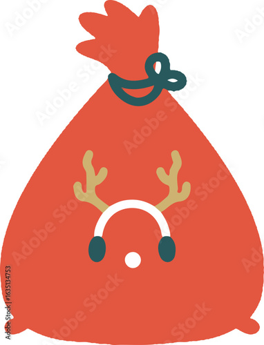 A festive red gift bag with reindeer antlers, tied with a bow.