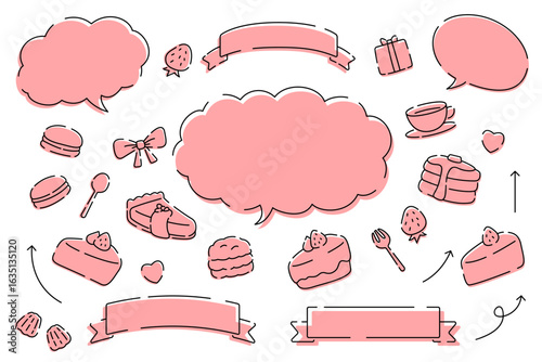 かわいい手書き風のケーキ リボン 吹き出し 素材セット