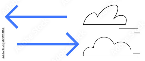 Blue arrows pointing left and right with outlined clouds suggesting movement and opposing directions. Ideal for flow visualization, navigation, weather representation, decision-making, process