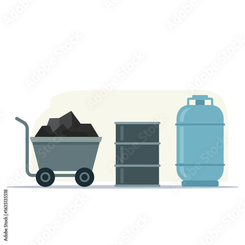 Illustration of a mining cart with coal oil barrels and a gas tank
