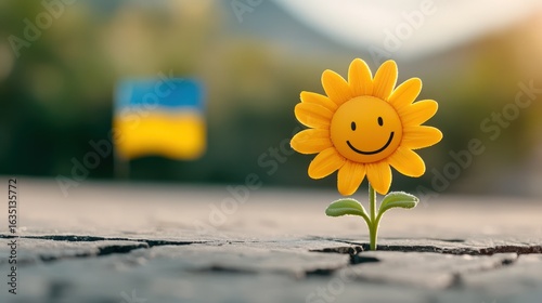 Smiling yellow flower grows through cracked asphalt symbolizing hope and resilience for Ukraine