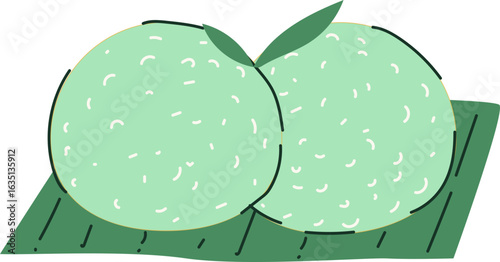 Two pastel green mochi balls rest on a vibrant green leaf, a simple yet appealing food illustration.