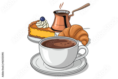 Delicious breakfast with coffee pastry and cheesecake served with a traditional cezve