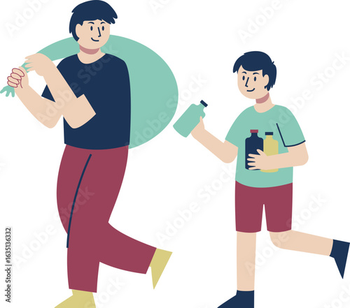 A man and a boy work together, collecting plastic bottles in a large sack for recycling.