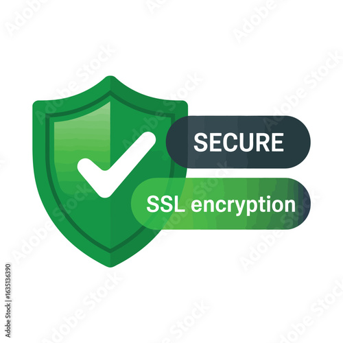 Green shield with check mark and secure ssl encryption labels