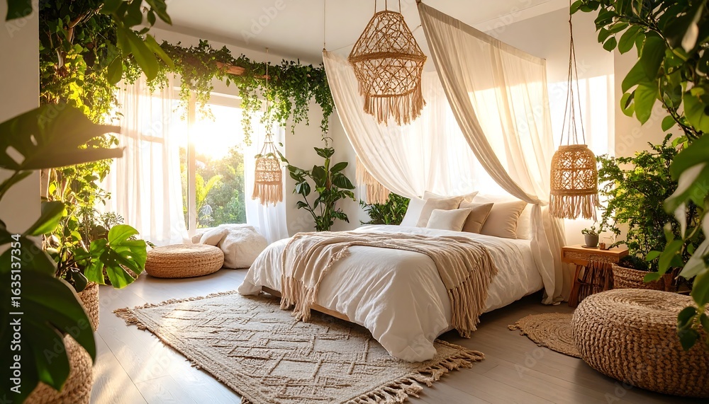 Fototapeta premium Serene Bedroom with Plants and Natural Light, Bohemian Style