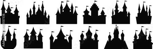 Castle silhouette set, medieval architecture icons, fantasy fortress shapes, turret tower designs, black vector illustration, historic building graphic collection