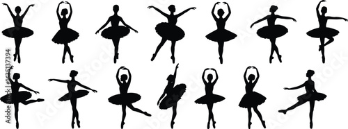 Ballet dancer silhouette set, classical dance poses, tutu costume, elegant movement, pirouette arabesque position, vector illustration, graceful choreography design