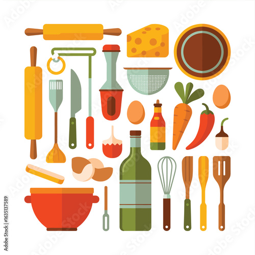 Collection of kitchen utensils and ingredients for cooking and baking