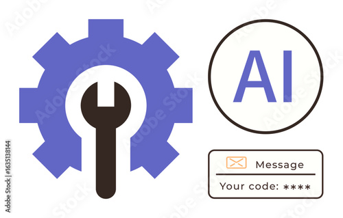 Gear and wrench represent AI settings and configuration. Text bubble with code suggests secure messaging. Ideal for AI, automation, tech solutions, innovation, programming, security, simple flat