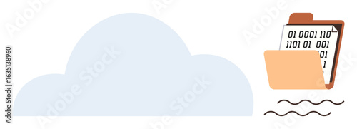 Cloud next to folder holding binary code document conveys data storage, transfer, and management. Ideal for technology, cybersecurity, cloud computing, database, software, backup digital solutions