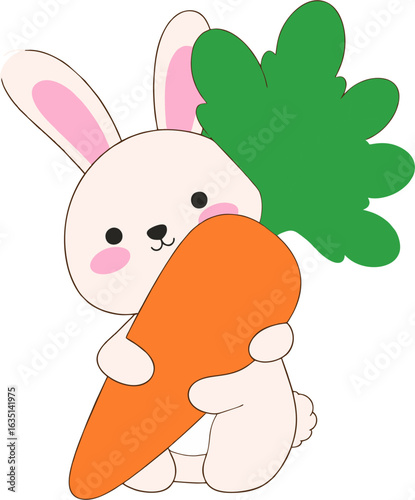 Adorable cartoon bunny rabbit happily hugging a large orange carrot.