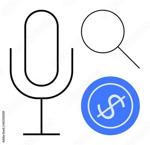 Microphone, magnifying glass, and dollar sign in a circle highlight concepts thumbs up communication, search, technology, audio, finance, analysis and creativity. Ideal for tech media economy