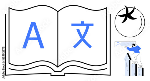 Open book with multilingual letters, person using search interface by books, and abstract global symbol. Ideal for education, translation, linguistics, globalization, knowledge sharing, e-learning