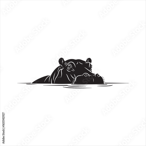 Black hippopotamus emerging from water with detailed eyes and ears river animal