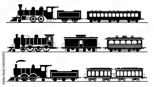 "Generate a flat illustration featuring twelve different steam trains and passenger cars as silhouettes in side profile, with no texture or detail. All trains should be in dark gray on a bright white 