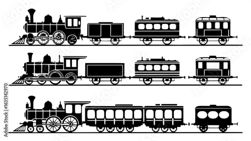 "Generate a flat illustration featuring twelve different steam trains and passenger cars as silhouettes in side profile, with no texture or detail. All trains should be in dark gray on a bright white 