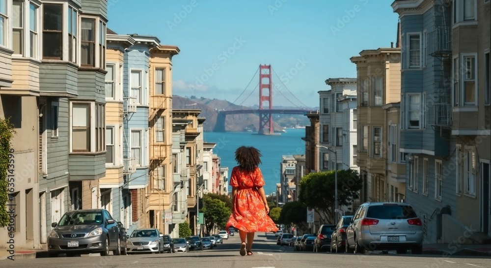 Obraz premium Woman walking in San Francisco with Golden Gate Bridge view.
