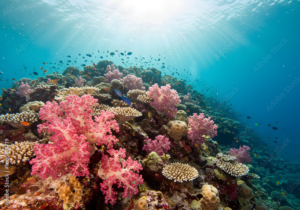 Fototapeta premium Underwater view of a vibrant coral reef teeming with diverse marine life, with sunlight filtering through the water.
