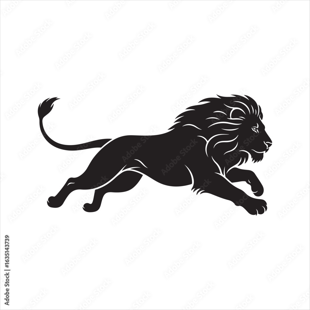 Obraz premium Black lion silhouette in mid-stride with flowing mane and tail running jumping