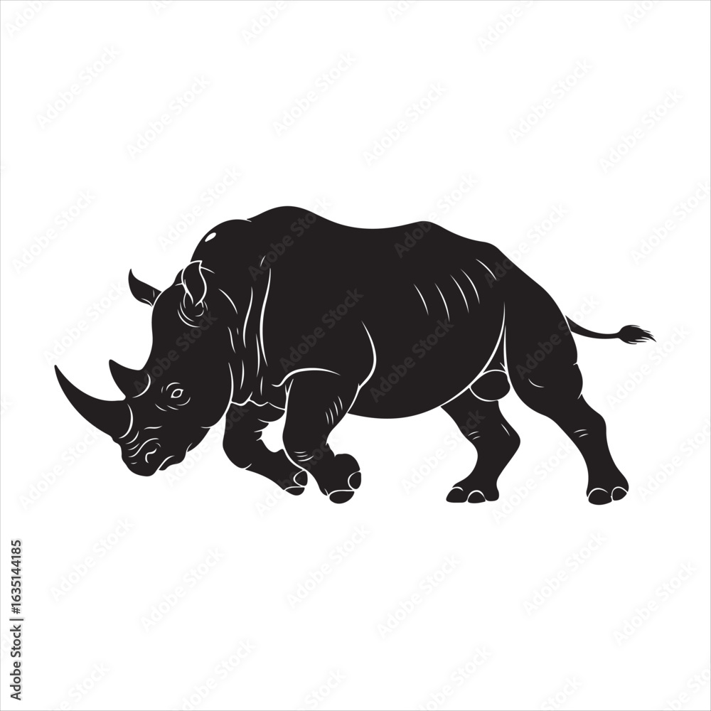 Obraz premium Black rhino walking with horn and tail visible rhinoceros animal