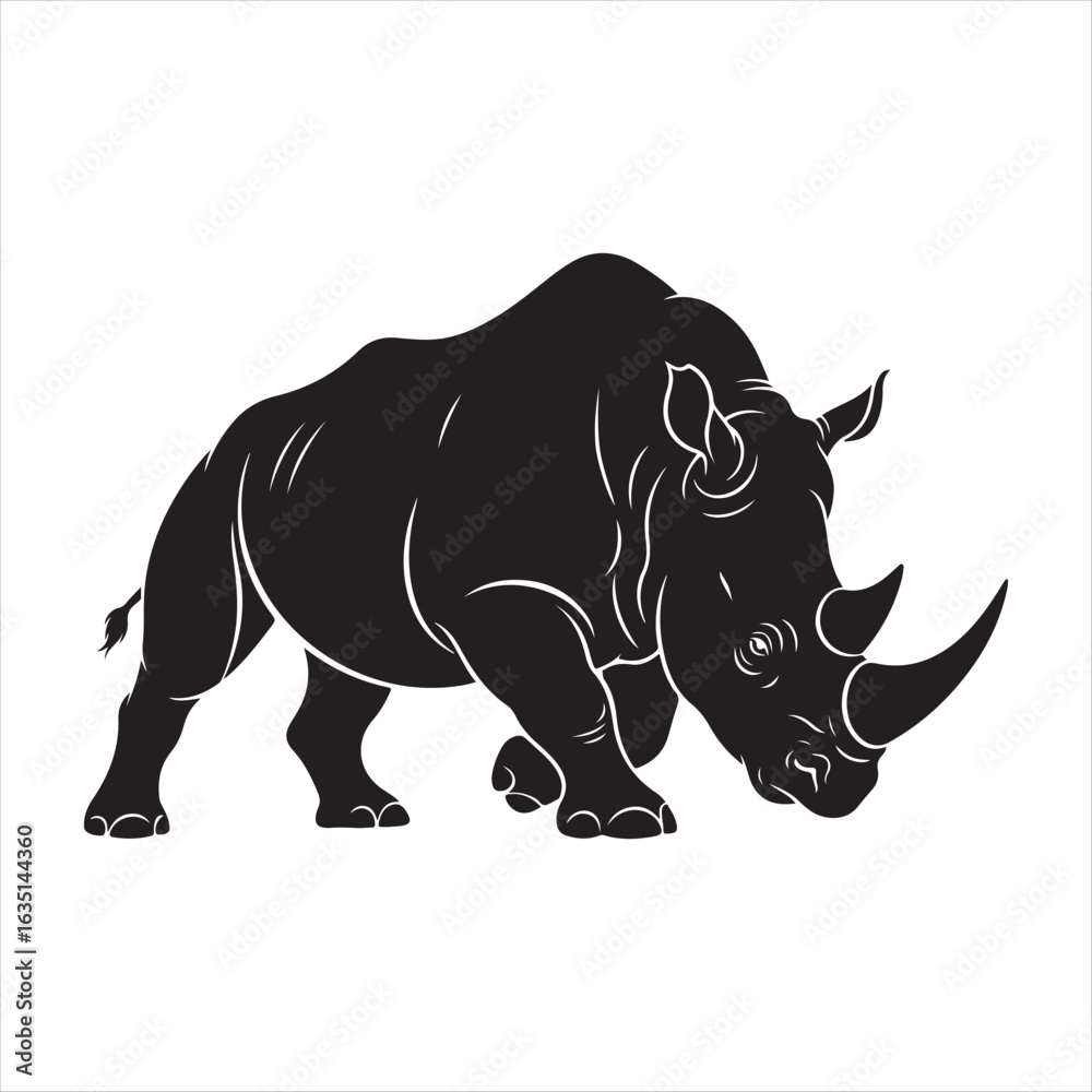 Obraz premium Black rhinoceros walking with horn and ears visible white animal