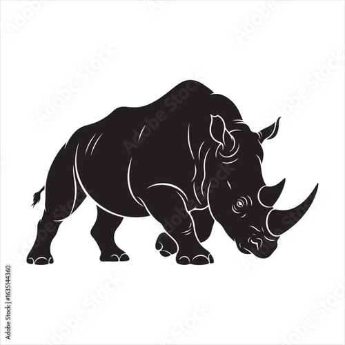 Black rhinoceros walking with horn and ears visible white animal