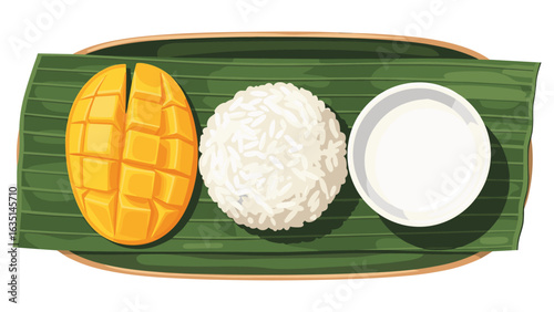 Delicious Mango Sticky Rice Illustration Served on Banana Leaf for Thai Cuisine Creative Agencies