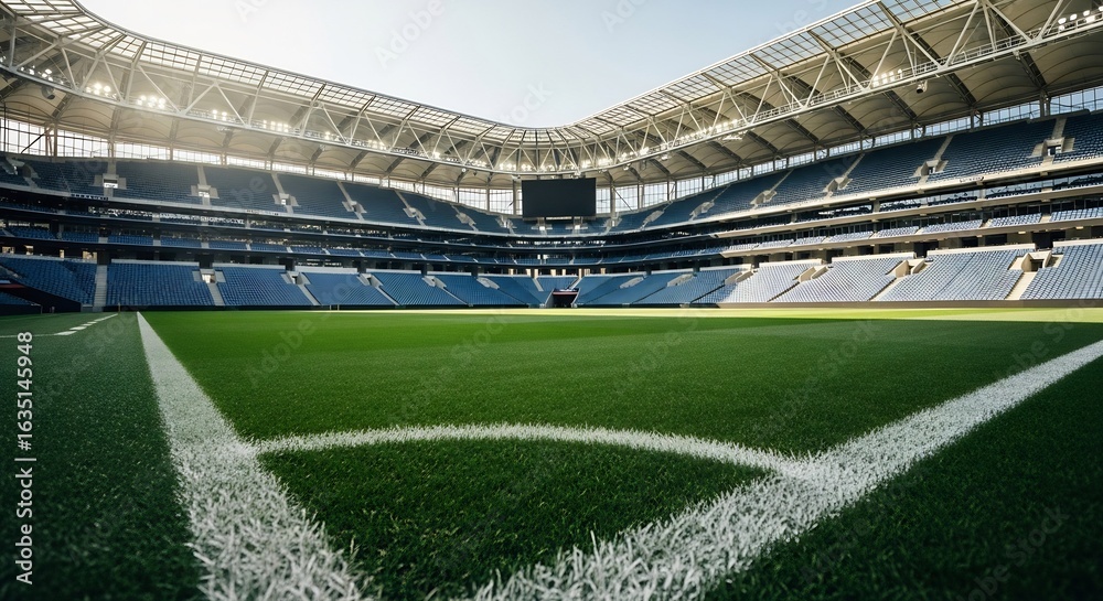 Fototapeta premium Sunlit Modern Stadium Awaits, a Grand View from the Corner Line