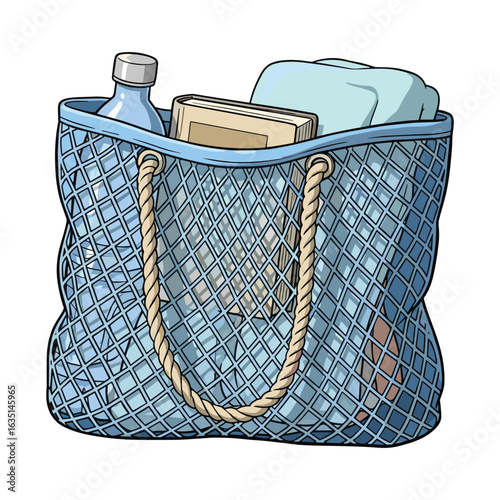 Stylish Blue Mesh Tote Bag Filled with Essentials for Vacation or Daily Use Illustration