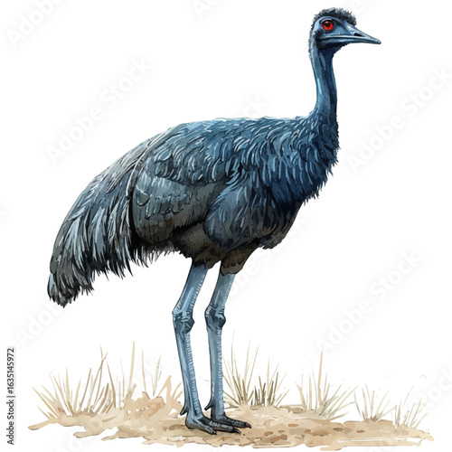 Emu, watercolor vector, isolated on a white background.