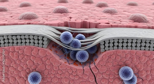 Detailed 3D rendering illustrating a wound or tear in layered biological tissue, with spherical cells or particles interacting within the damaged area.