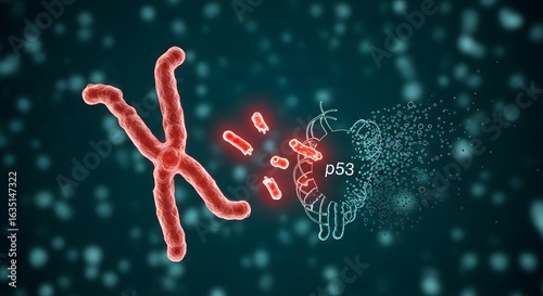 Conceptual visualization of a human chromosome and the breakdown of the p53 tumor suppressor protein, representing genetic damage.