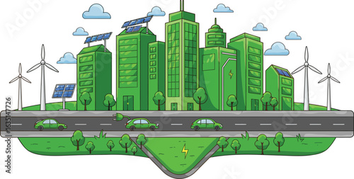 Vibrant green city skyline showcasing sustainable energy with wind turbines, solar panels, and electric cars driving on a clean road, symbolizing eco-friendly urban living and a brighter future.