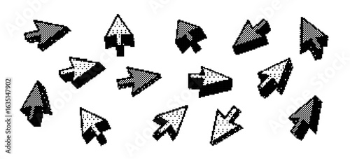 3d pixel cursor game icon. Arrow pointer set. Y2k mouse cursor retro style. Pattern black and white mouse arrow. Vector pixel illustration