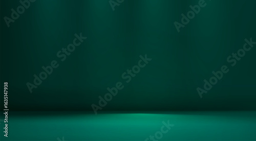 Dark green studio room. Limbo abstract background. 3d backdrop for product presentation. Minimal wall scene. Showcase, promotion display. Vector mockup illustration New year, Christmas design