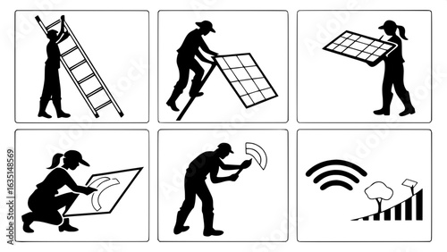 "A grid of black silhouette icons depicting workers installing and maintaining solar panels, with actions like inspecting, connecting, and communicating, in a clean flat style on a white background."