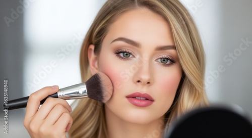 A young woman using a makeup brush to do makeup